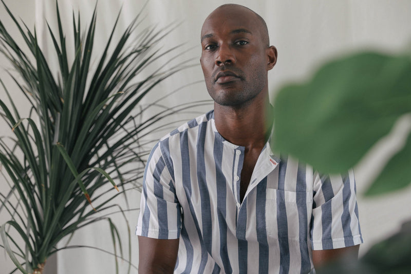 Light Weight - Short Sleeve Indigo blue and white banker stripe Popover Shirt - Summer Shirt - Tamariu
