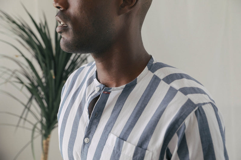 Light Weight - Short Sleeve Indigo blue and white banker stripe Popover Shirt - Summer Shirt - Tamariu