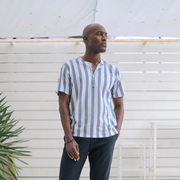 Light Weight - Short Sleeve Indigo blue and white banker stripe Popover Shirt - Summer Shirt - Tamariu