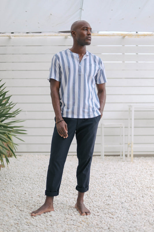 Light Weight - Short Sleeve Indigo blue and white banker stripe Popover Shirt - Summer Shirt - Tamariu