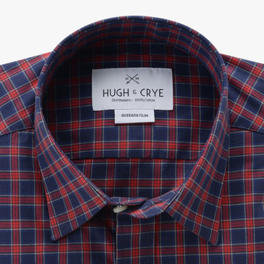 casual point collar shirt in blue, red plaid poplin - rushmore - collar detail