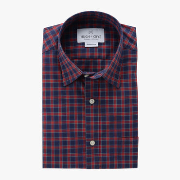 casual point collar shirt in blue, red plaid poplin - rushmore - flat