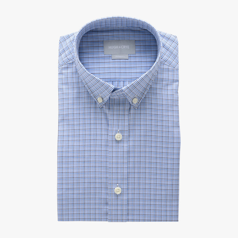 small button down collar shirt in blue plaid check egyptian cotton - arboretum - flat