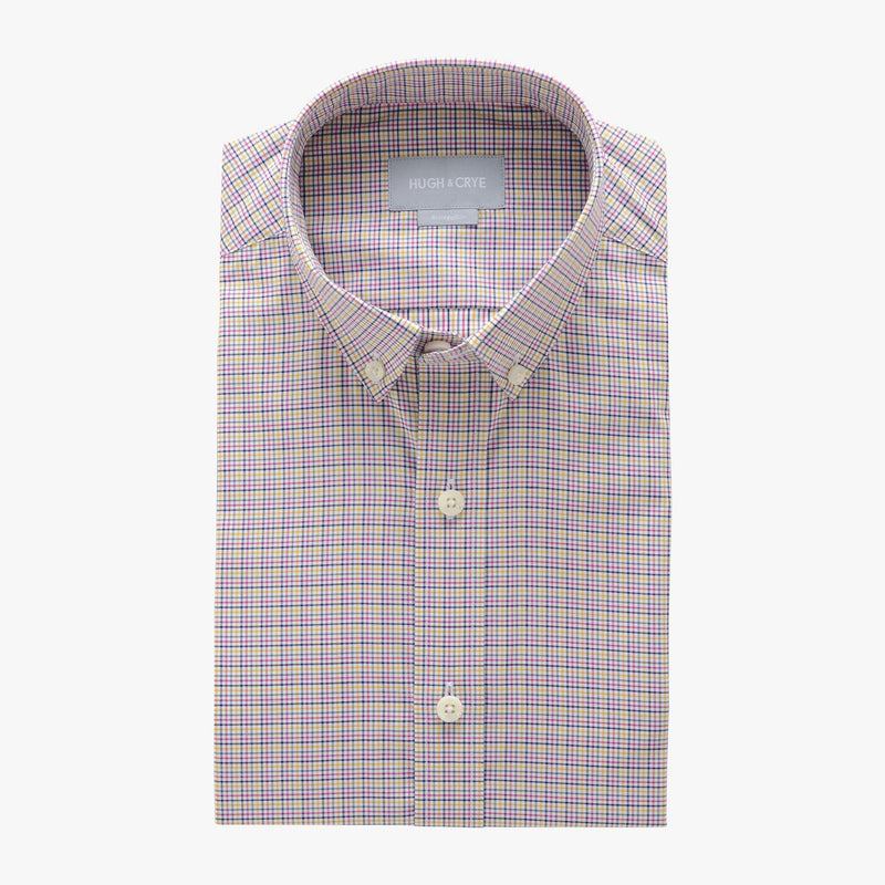 small button down collar shirt in pink plaid check egyptian cotton - arboretum - flat