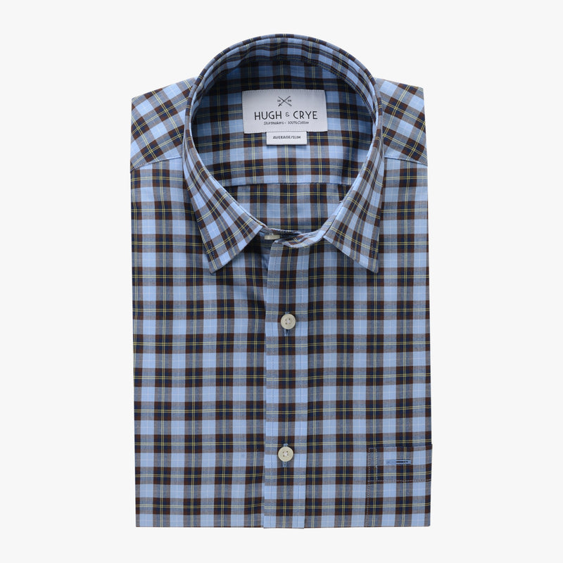 casual point collar shirt in blue, yellow plaid poplin - traveler - flat