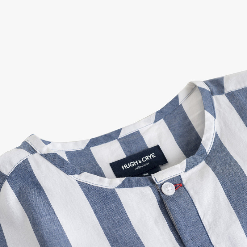 Collarless popover with indigo blue/white banker stripes - Tamariu - Detail