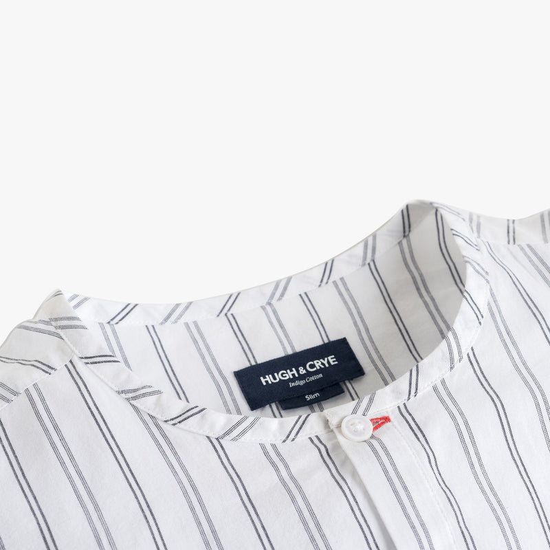 Collarless popover with indigo blue varying double stripes - Venice - Detail