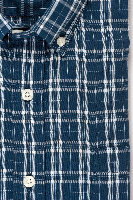 Teal white check brushed twill shirt fabric - Ogden